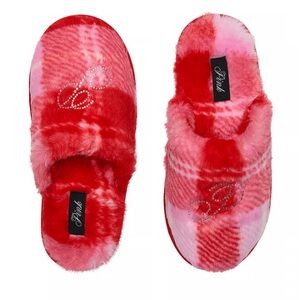 Victoria's Secret Pink Faux Fur Plaid Pink & Red Bling logo Slippers Size S